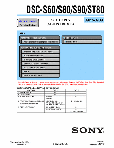 SONY DSC-S60 SONY DSC-S60, S80, S90, ST80
DIGITAL STILL CAMERA.
SECTION 6 ADJUSTMENTS AUTO-ADJ
PART# (9-876-869-53)
